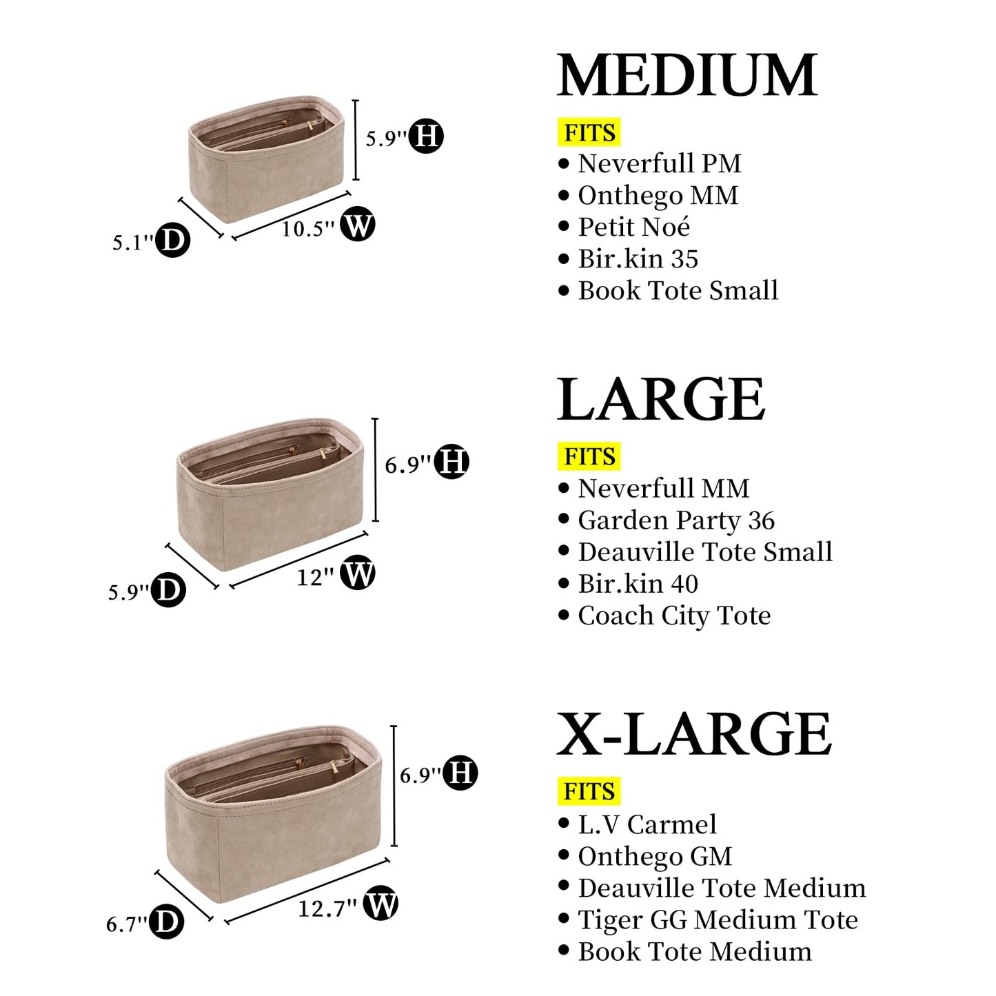 For Onthego GM/Carmel/Deauville Tote and More | Suede Velvet Handbag Organizer Insert