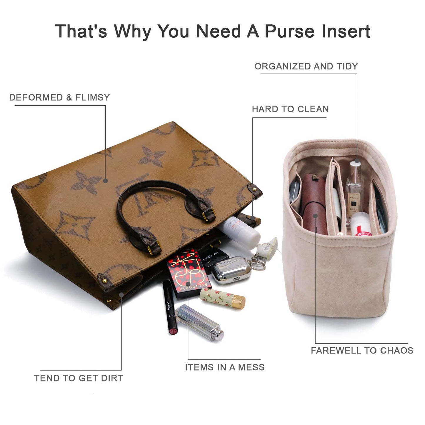 For Neverfull MM/Garden Party 36/Birkin 40 and More | Suede Velvet Handbag Organizer Insert