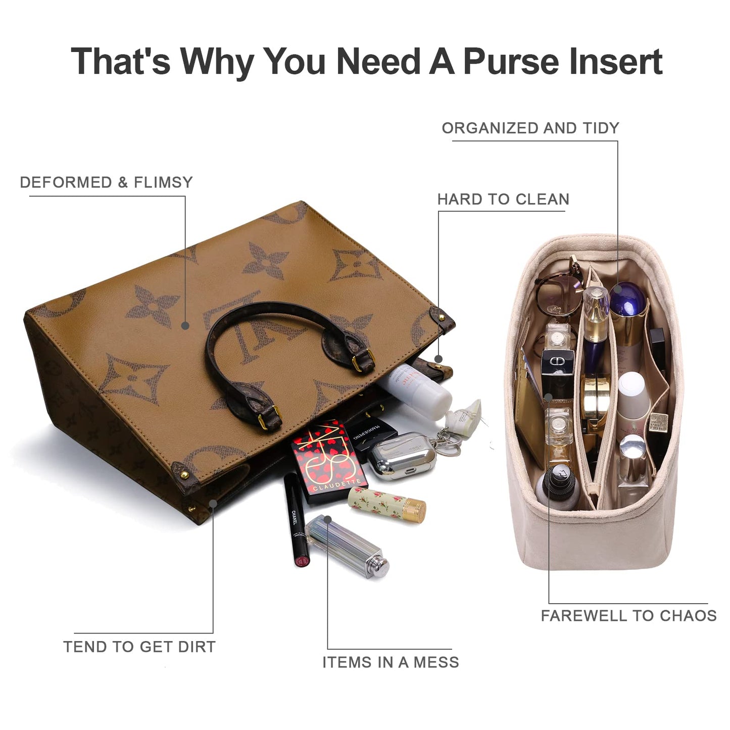 For Neverfull MM/Garden Party 36/Birkin 40 and More | Suede Velvet Handbag Organizer Insert