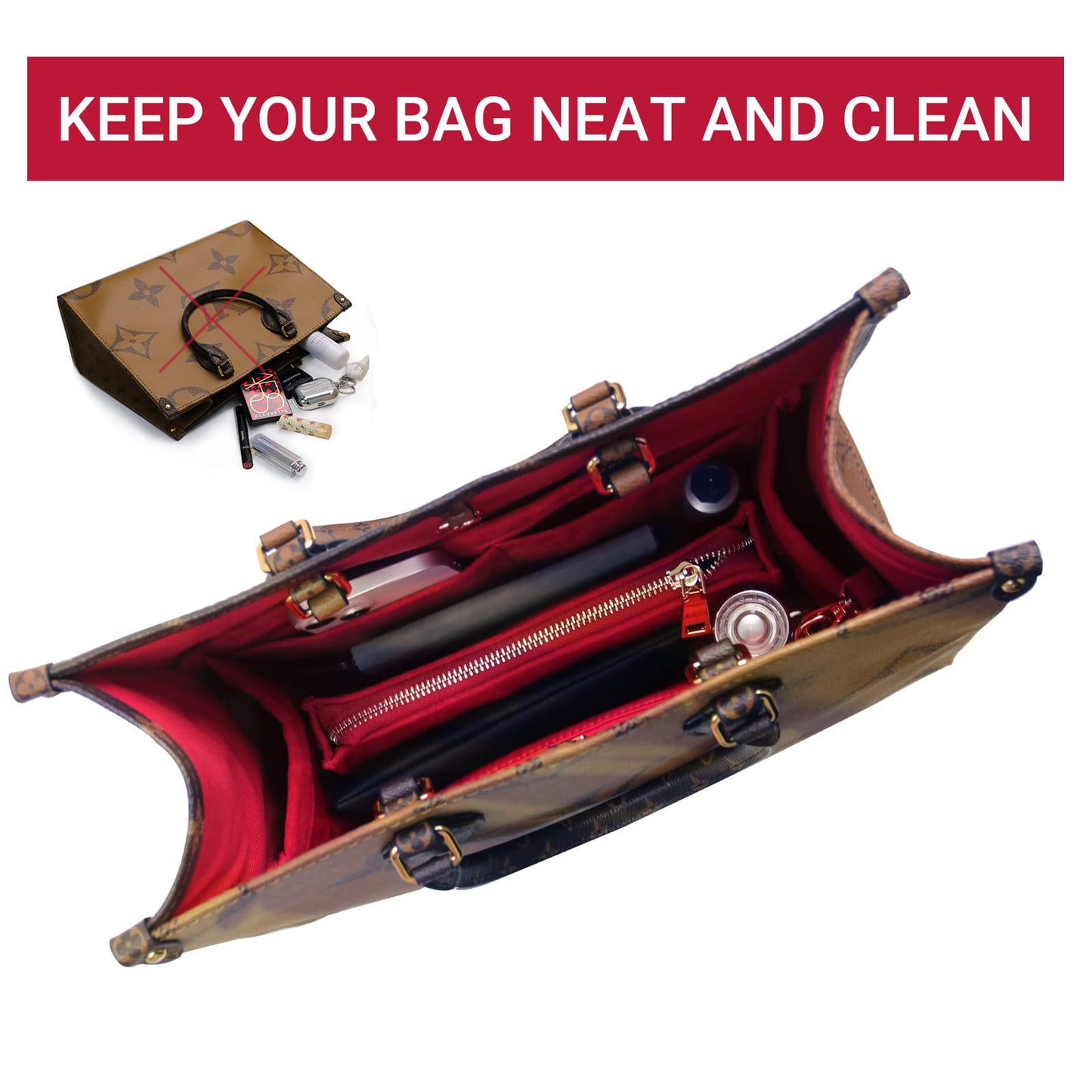 For Onthego GM/Birkin 35/Book Tote Small and More | Suede Velvet Bag Organizer Insert with Key Chain