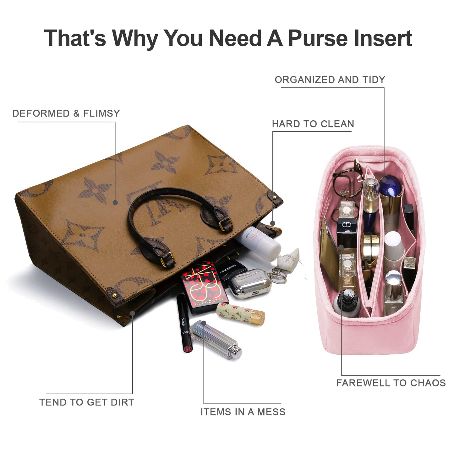 For Neverfull MM/Garden Party 36/Birkin 40 and More | Suede Velvet Handbag Organizer Insert