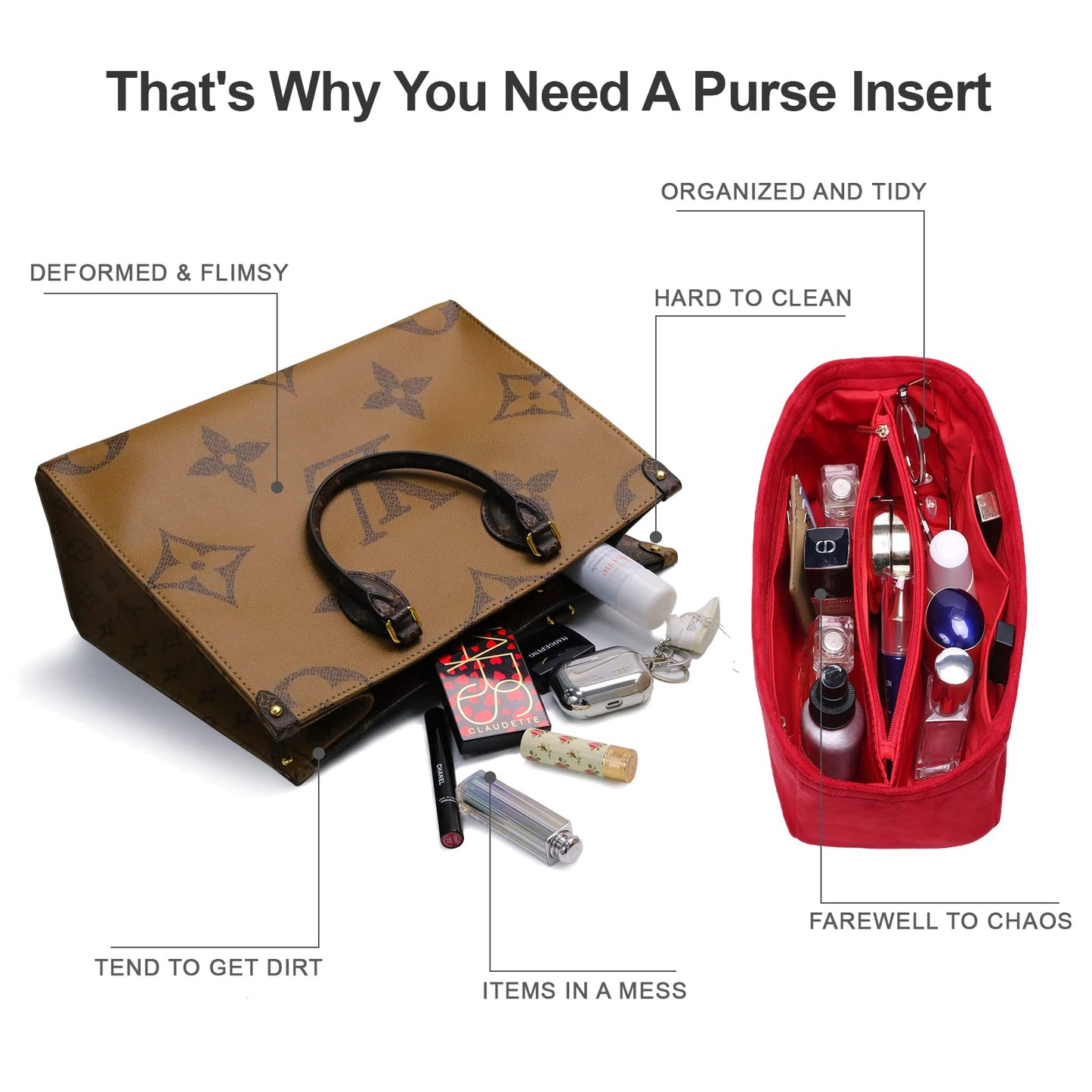 For Speedy 30/Onthego MM/Neverfull MM/Birkin 30 and More | Suede Velvet Handbag Organizer Insert