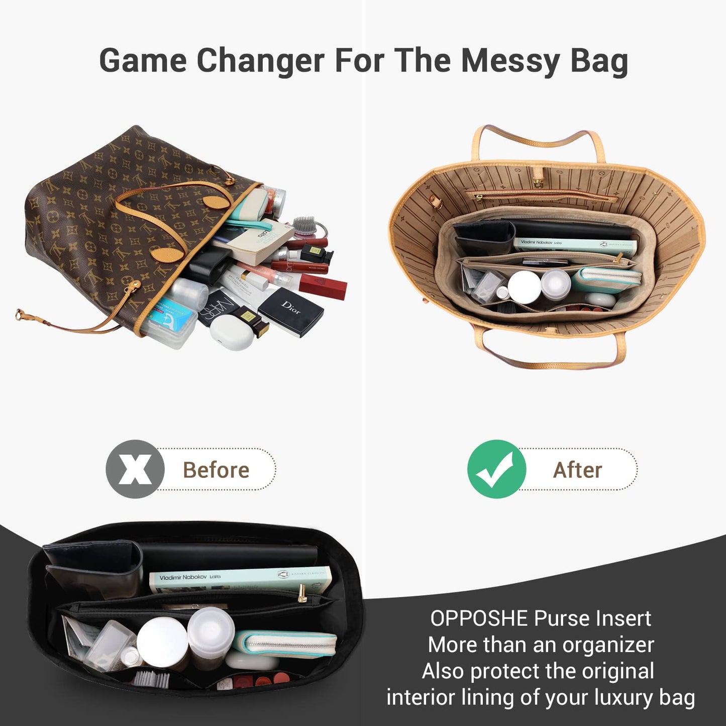 For Onthego GM/Carmel/Deauville Tote and More | Suede Velvet Handbag Organizer Insert