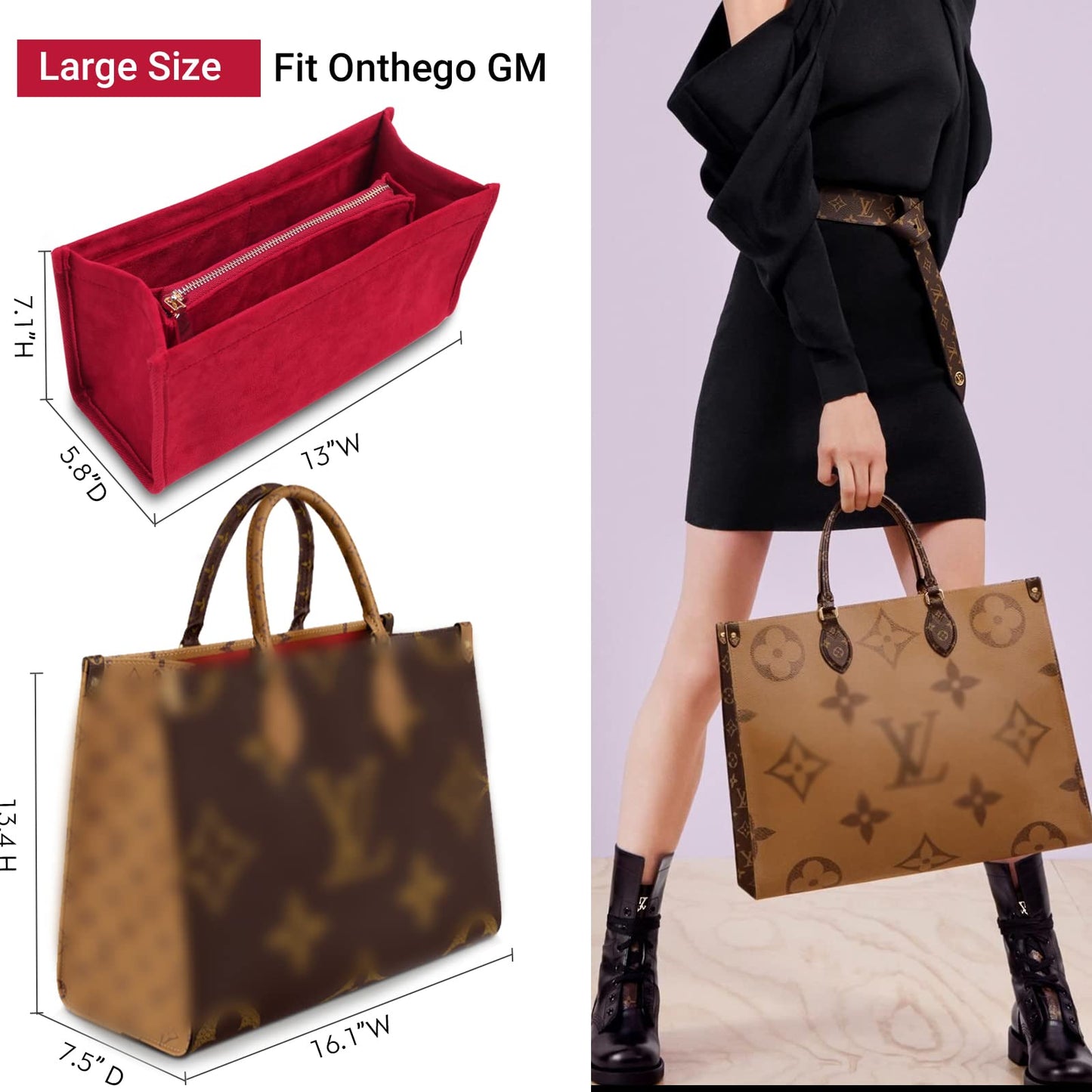 For Onthego GM/Birkin 35/Book Tote Small and More | Suede Velvet Bag Organizer Insert with Key Chain